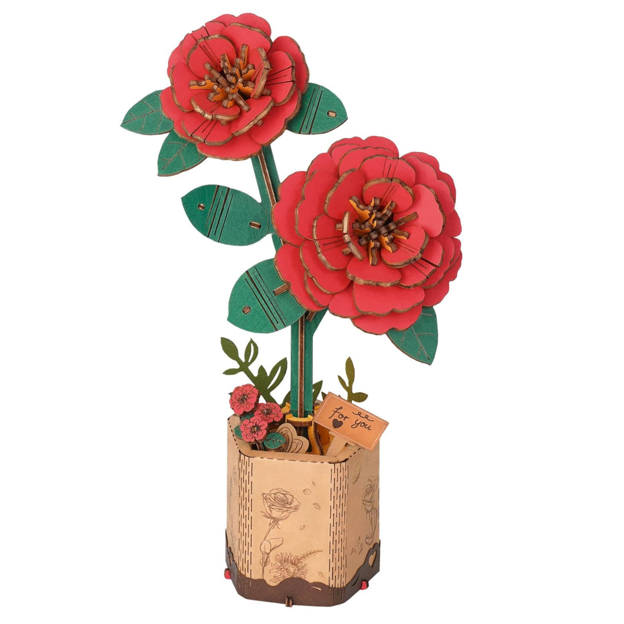ROBOTIME 3D Puzzle Wooden Flower Red Camellia DIY Model Kit to Build for Adults Artifical Bouquet Collection Craft Brain Teaser Puzzle Creative Gift Home Decor ROBOTIME