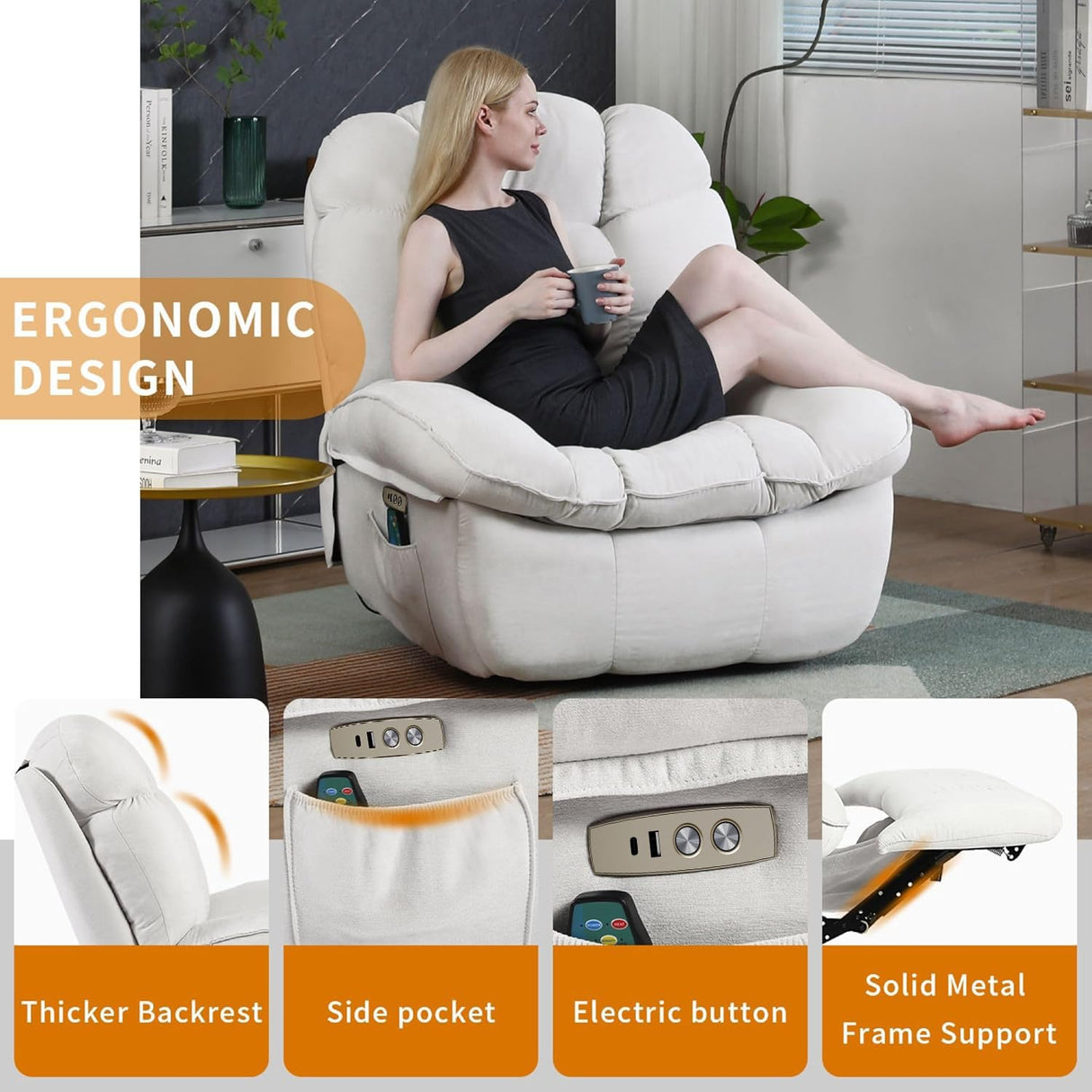 EDWELL Power Recliner Chair, Massage Rocker Recliner Chairs for Adults with Heated, Oversized Rocker Swivel Chairs for Living Room, Comfy Nursery Rocking Chairs with USB-C Ports and Side Pocket, White EDWELL