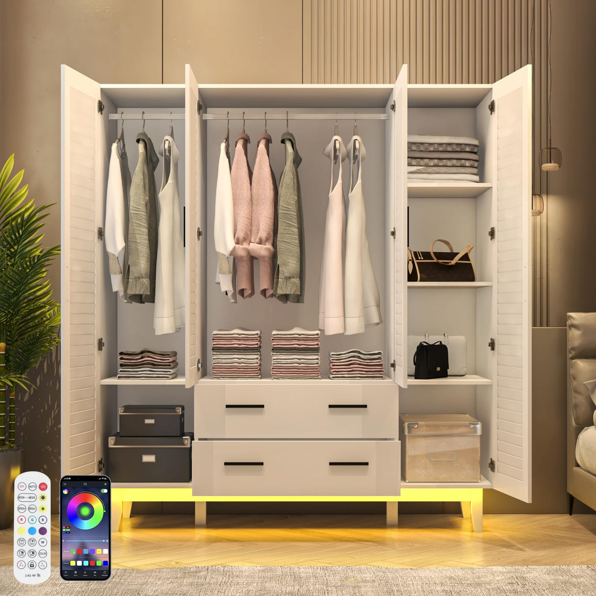 jiteentarou 4 Door Armoire Wardrobe Closet Cabinet with Drawers and LED Lights, Multi-Tier Shelves, Hanging Rod & 4 Louver Doors, Large Capacity Storage Wardrobe Armoire for Bedroom(4 Doors White) jiteentarou