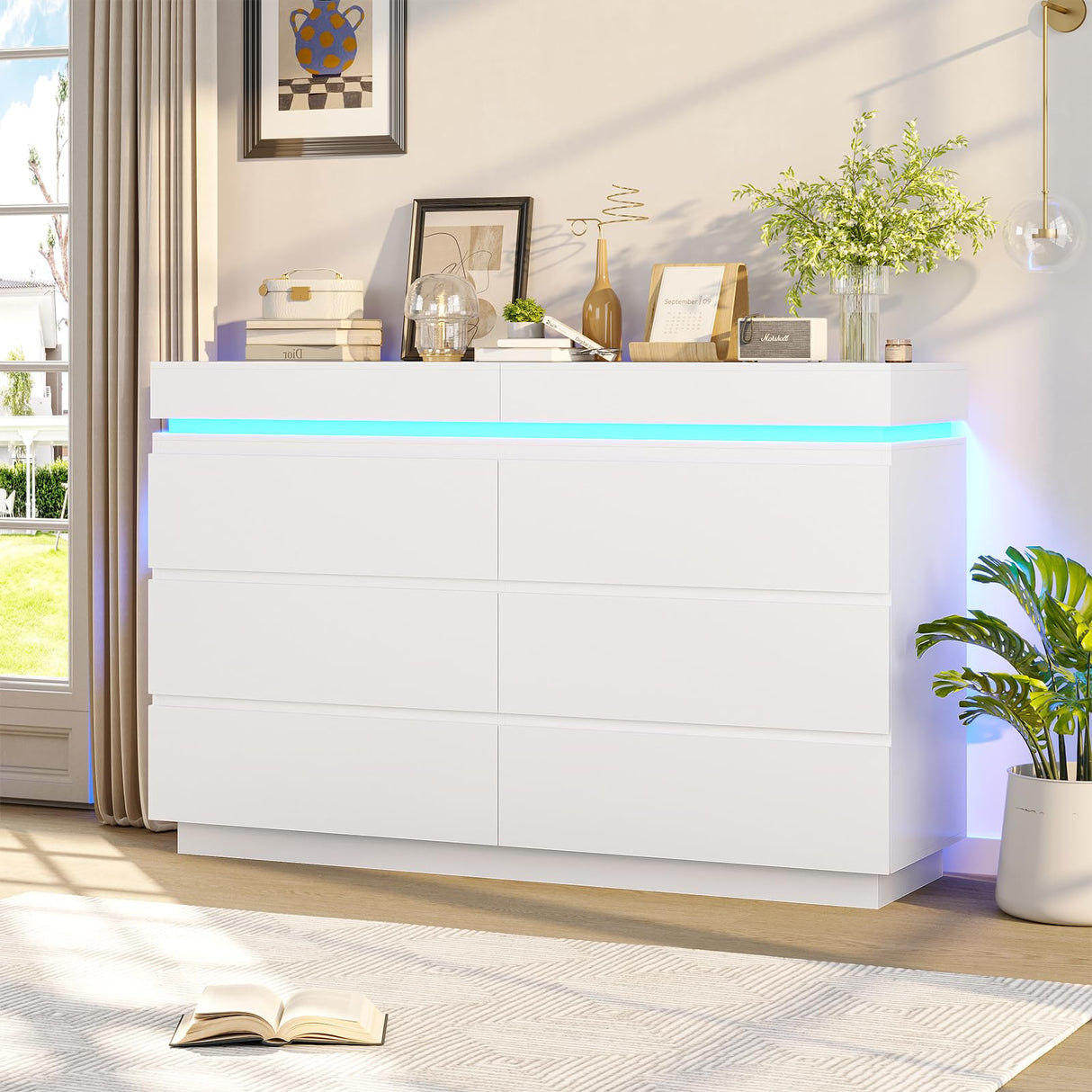 DICTAC Modern 6 Drawers White Dresser with Sliding Desktop, Wide Chest of Drawers with Charging Station & LED Lights, Large Storage Tower Clothes Organizer, White Dresser for Bedroom DICTAC