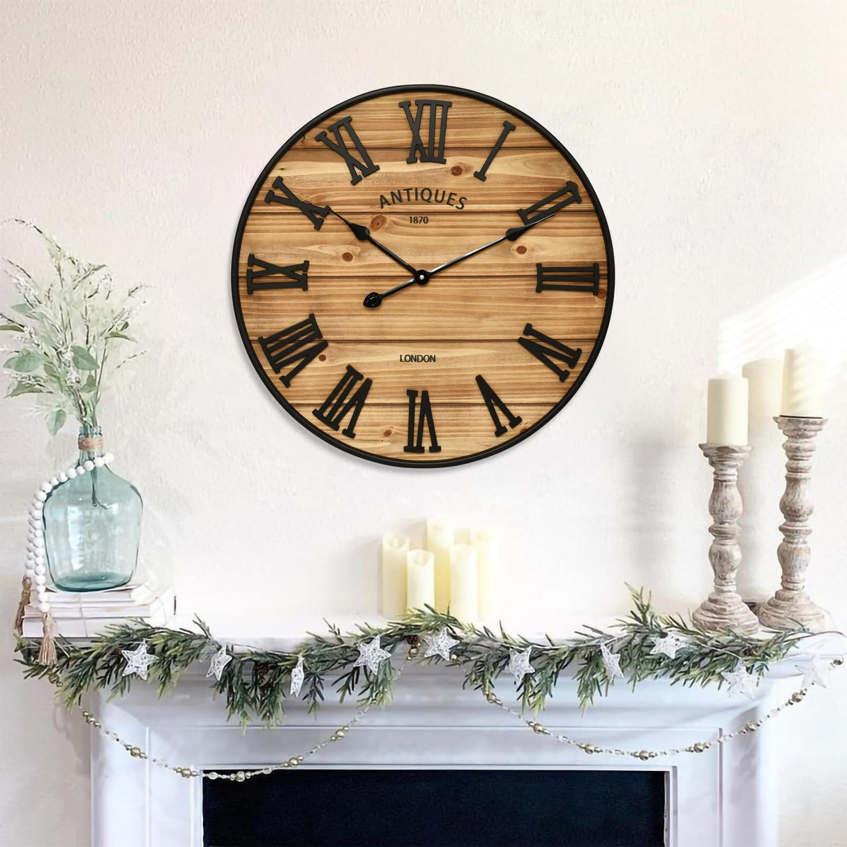 24 Inch Farmhouse Wall Clock - Antique Rustic Wood Finish, Silent Battery-Operated Timepiece with Stylish Decor for Home, Office, Kitchen, Bedroom & Living Room EMAX HOME
