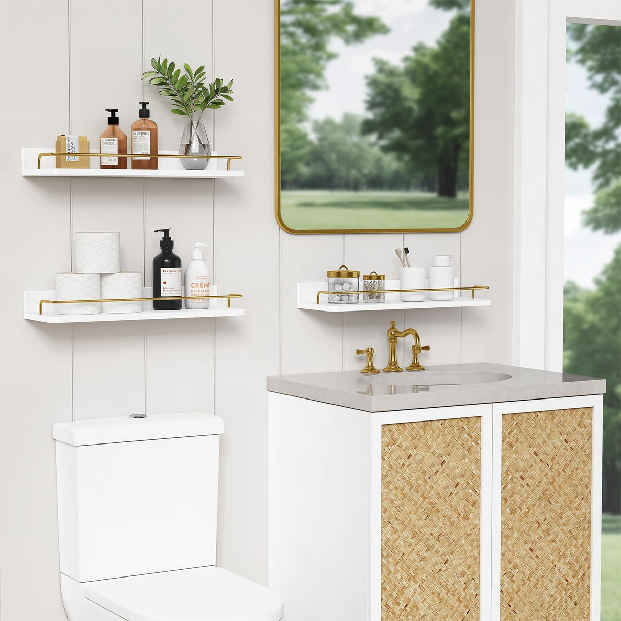 Forbena Gold Floating Shelves for Wall Decor Set of 3, Bathroom Shelves Over Toilet, Modern Display Wall Shelf with Guard Rail for Living Room Bedroom Organizers and Storage - White and Gold Forbena