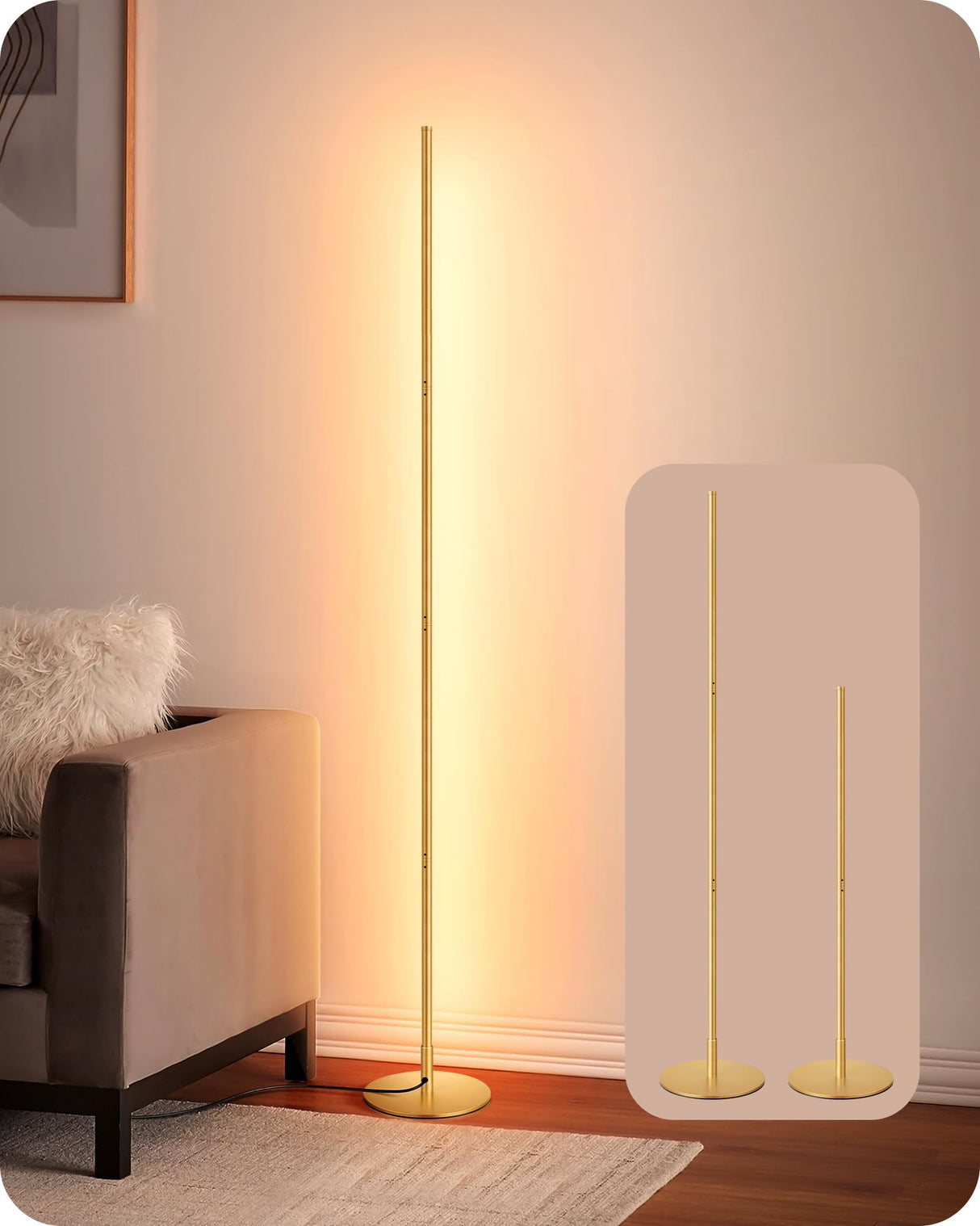EDISHINE LED Corner Floor Lamp, Modern Slim Dimmable Light, Adjustable Height, 57.5" Minimalist Tall Lamp for Living Room, Bedroom, Office, 3000K Warm White Light (Gold) EDISHINE