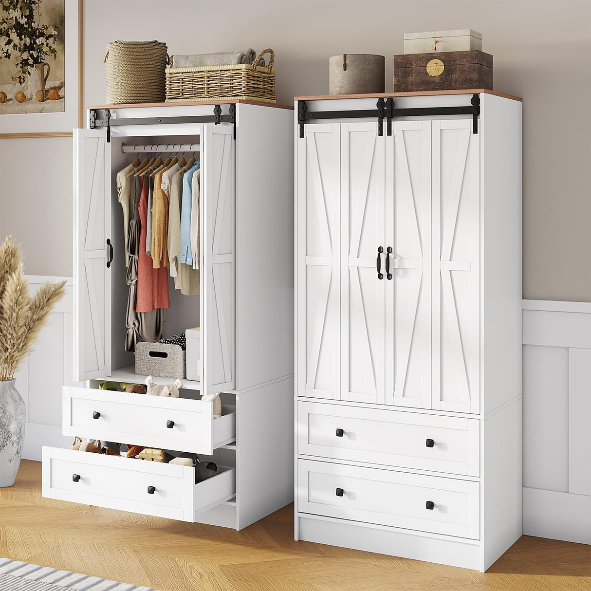 Maupvit Farmhouse Armoire with 2 Folding Sliding Barn Doors and Drawers 70.9" Tall Wooden Bedroom Wardrobe Closet with Spacious Storage Cabinet with Hanging Rod for Bedroom, White Maupvit