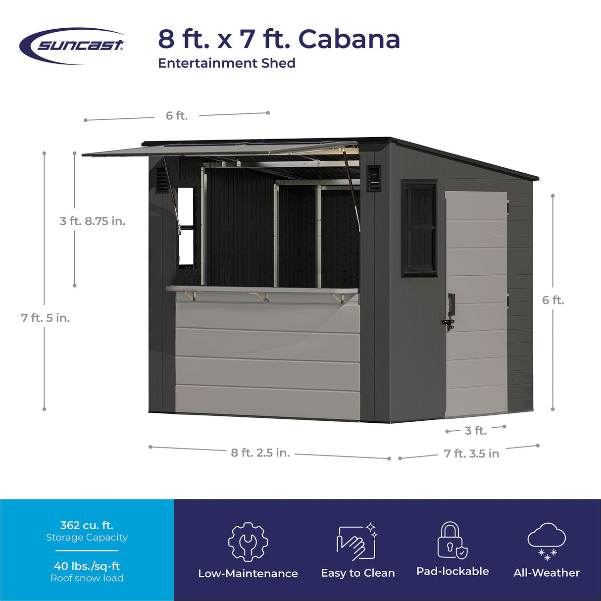 Suncast 8' x 7' Cabana Entertainment Storage Shed, All-Weather Outdoor Backyard Shelter with 2 Windows and Fold-Down Bar Top, Gray Suncast