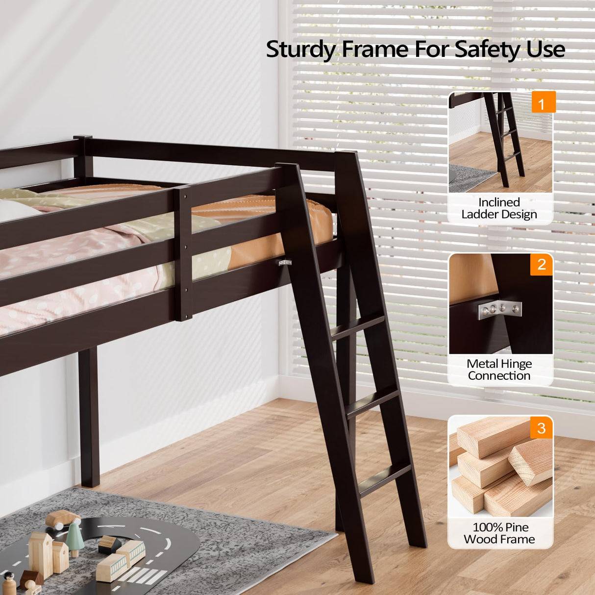 Bonnlo Twin Low Loft Bed with Inclined Stairs and High Guard Rail - Espresso Solid Wood Design Bonnlo