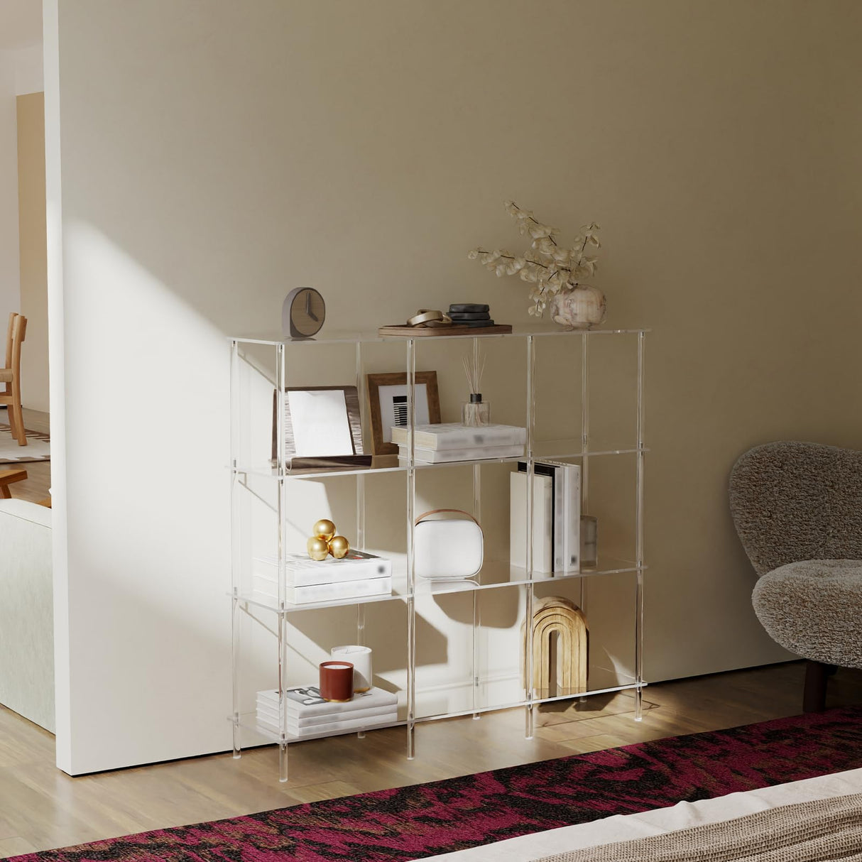 4-Tier Acrylic Horizontal Bookshelf, Clear 9 Cube Open Bookcase, Modern Book Shelf for Living Room, Bedroom, Office, 11.8" D x 47.2" W x 38.6" H, Easy Assembly CRTERICX