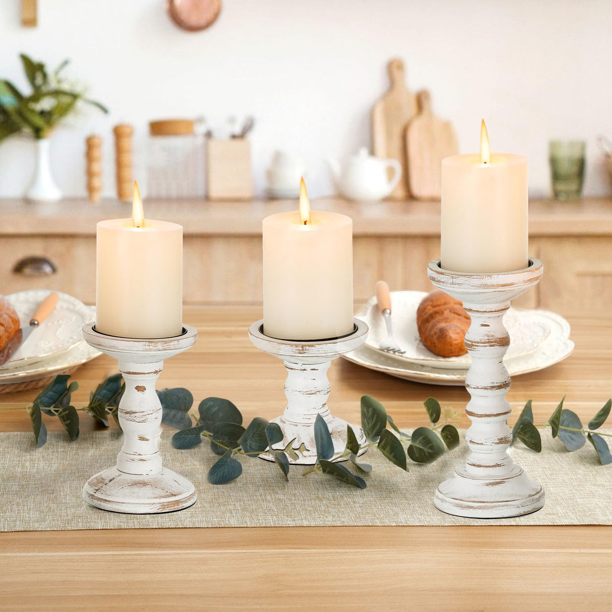Romadedi Wood Candle Holders for Pillar Candles - Set of 3 Tall Farmhouse Wooden Candlestick Holder, Rustic Candle Stand for Fireplace Mantle Shelf Table Home Decor, Brown Whitewashed 3.9"/6"/ 8.3" Romadedi