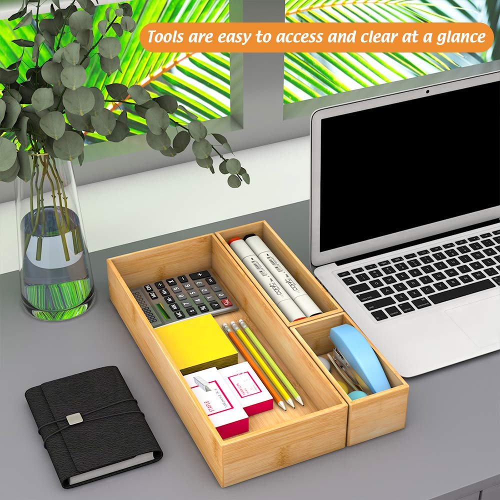 Bamboo Drawer Organizer Utensil Holder for Kitchen, Small Wood Silverware Storage Organizer, Stackable Box Tray for Cutlery, Flatware, Bathroom Caddy for Makeup, Perfume, Jewelry, 6x3x2.5 Inch Bambloom