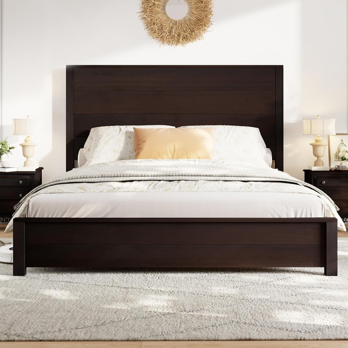 LUXOAK King Size Wood Platform Bed, Rustic Bed Frame with 51.2" Tall Slatted Headboard, Wooden Slats & Metal Support, No Box Spring Needed/Noise Free, Easy Assembly, Espresso LUXOAK