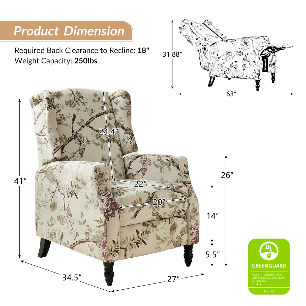 HULALA HOME Wingback Recliner Chairs Set of 2, Traditional Push Back Recliners with Solid Wood Legs, Modern Lounge Armchairs for Living Room, Comfy Upholstered Accent Reclining Chairs, Bird HULALA HOME