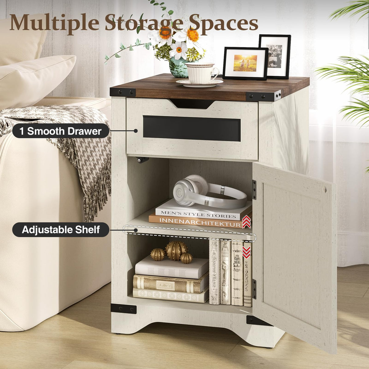 Farmhouse End Table with Charging Station, 26.4" H Side Table with Drawer and X Barn Door, Antique White Country Nightstand Bedside Table, Mid Century Modern Sofa Side Table for Living Room FiveWillowise