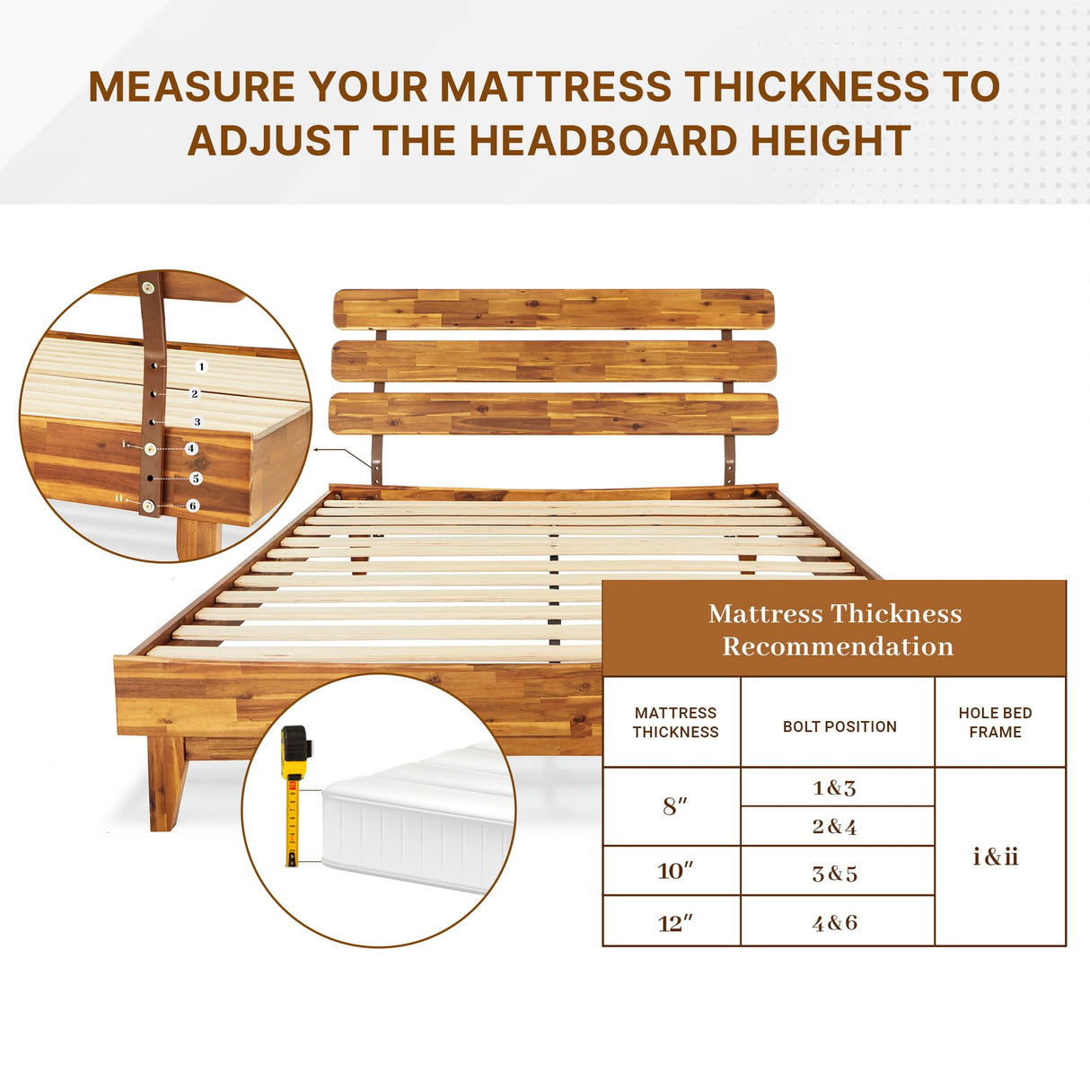 Bme Caden 15-Inch Adjustable Headboard Queen Bed Frame - Mid-Century Retro Acacia Wood, No Box Spring Needed Bme