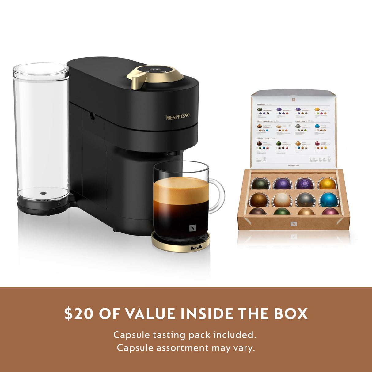 Nespresso Limited-Edition Vertuo Pop+ Coffee and Espresso Maker by Breville, Matte Black Gold Nespresso