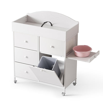 DTK Baby Dresser with Changing Table Top,4-Drawers Changing Table Dresser with Tile-Out Trash Cabinet and Pull-Out Shelf,Diaper Changing Station with Waterproof Pad and Storage for Nursery,White