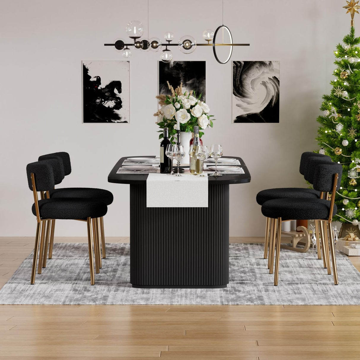 HAIZAO Modern Dining Chairs Set of 4, Round Upholstered Boucle Sherpa Dining Chairs, Curved Backrest Kitchen Dining Room Chairs, Mid-Century Black Dining Chair with Golden Metal Legs HAIZAO