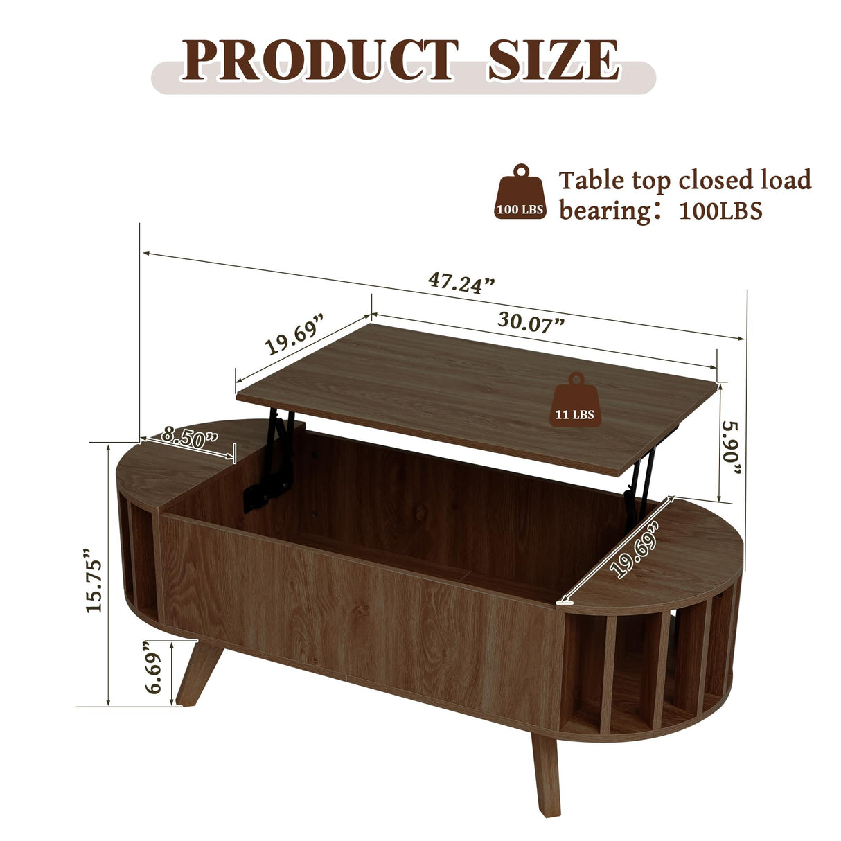 Janmer Home 47.3" Lift Top Coffee Table with Hidden Storage, Small End Table with Curved Edge Design, Oval Center Table with Lift Tabletop for Living Room, Office (Walnut) Janmer Home