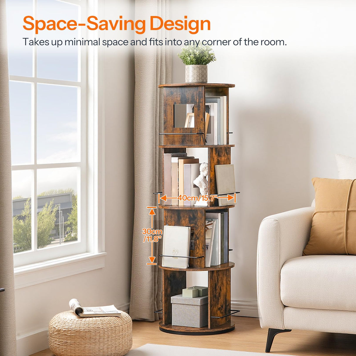 HOOBRO Rotating Bookshelf, 360° Spinning Bookshelf for Small Spaces, 4-Tier Floor Standing Bookcase Storage Rack, Wooden Corner Bookcase for Living Room, Study, Office, Rustic Brown and Black FG54SJ01 HOOBRO