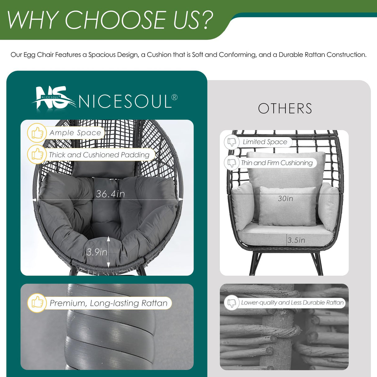 NICESOUL Patio Egg Chair with Ottoman, Big Oversized 440lbs Half-Egg Shape Chair w/Footstool, Comfortable Boho Rattan Lounger Chair w/Cushion for Reading, Living Room, Indoor, Exteriors, Porch,Gray NICESOUL