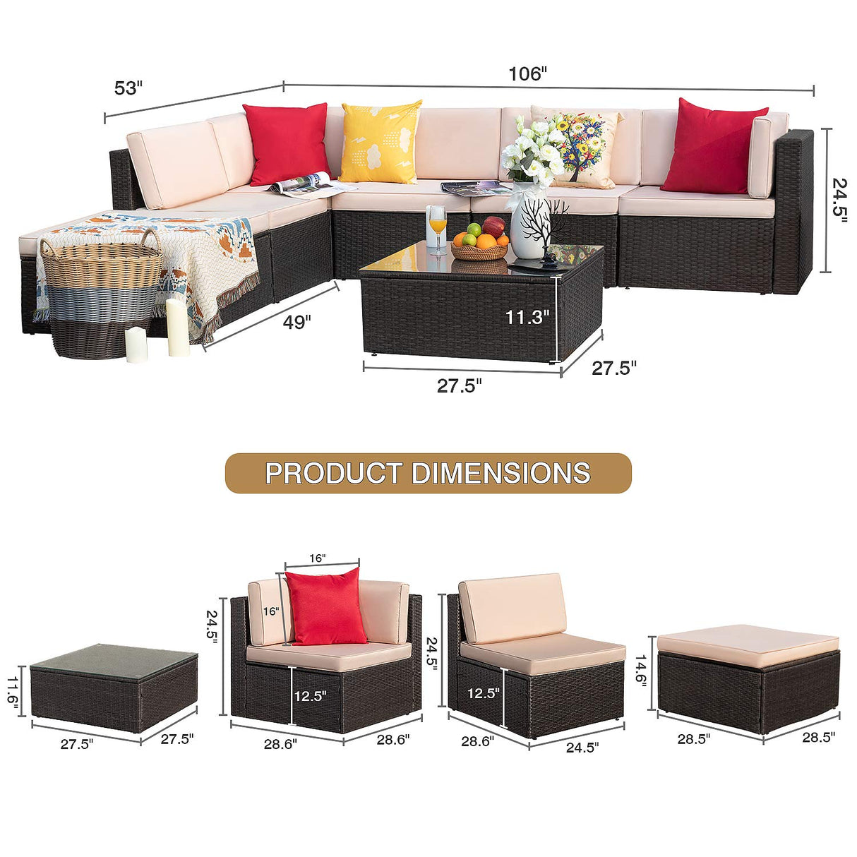 Homall 7 Pieces Patio Outdoor Furniture Sofa Set, All Weather PE Rattan Wicker Sectional Sets Modern Modular Couch Outside Conversation Set with Thick Cushions and Glass Coffee Table (Brown) Homall