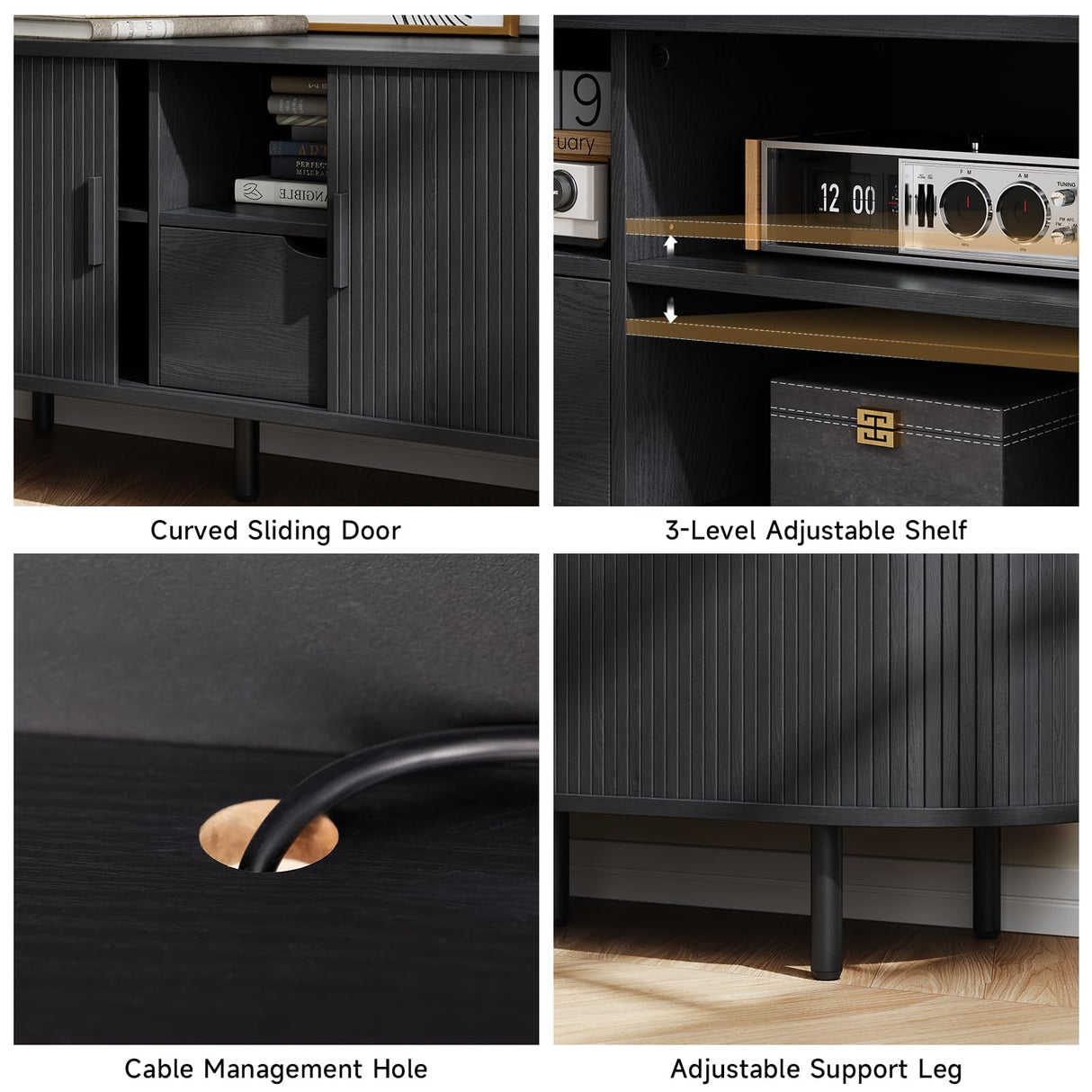 ONBRILL 69" TV Stand with Power Outlet for TVs up to 80", Entertainment Center with Storage and Drawer, TV Console with Adjustable Shelves and Sliding Door, TV Stand for Living Room, Bedroom, Black ONBRILL