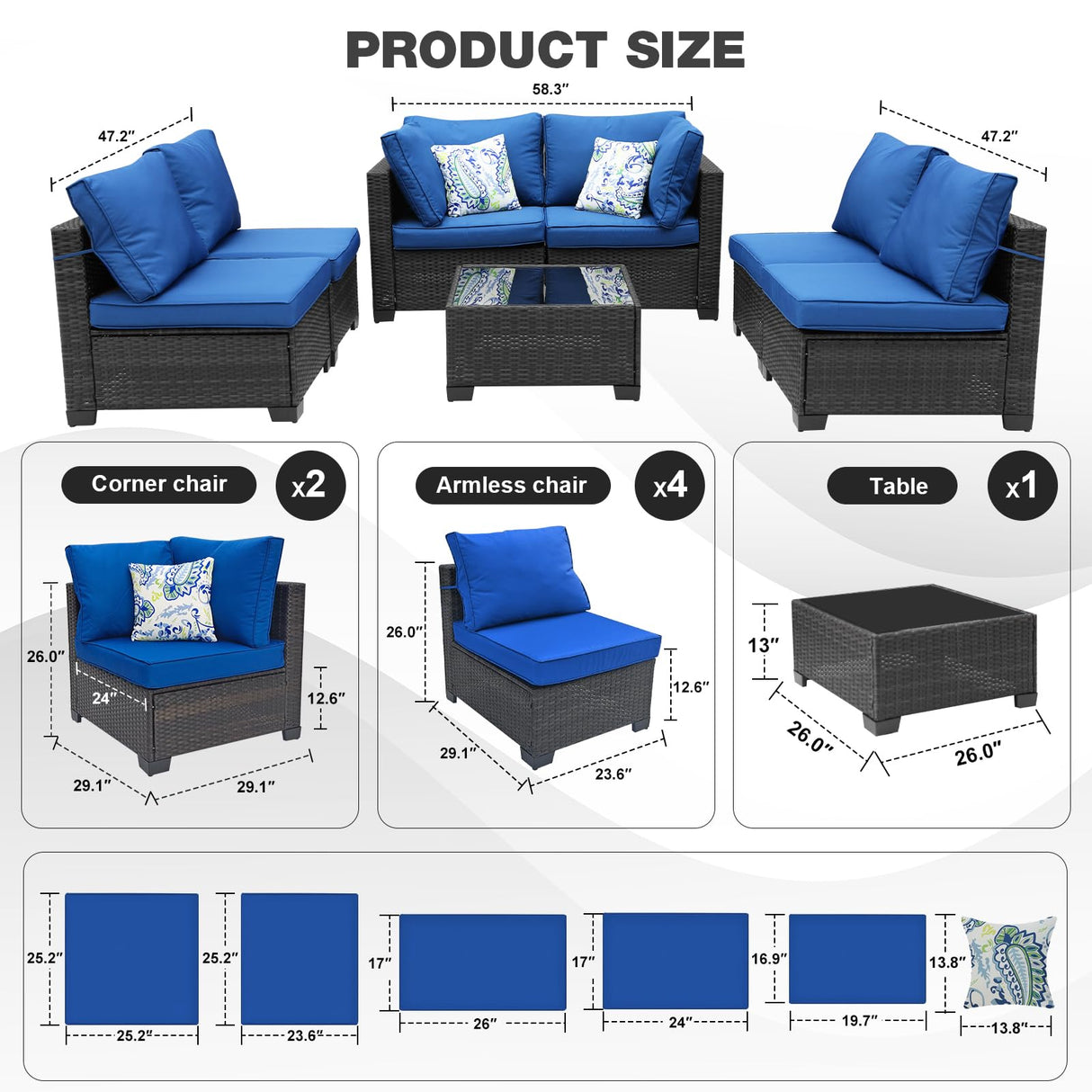 7 Pieces Outdoor Rattan Wicker Patio Set with Coffee Table, Armless Seats and Corner Seats, 2 Pillows Included,Sectional Furniture Chair Set,Coffee/Blue… Peacabo