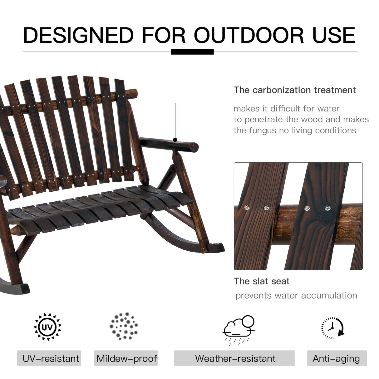 Outsunny Carbonized Double-Person Adirondack Rocking Chair with High Backrest and Armrests for Outdoor Relaxation Outsunny