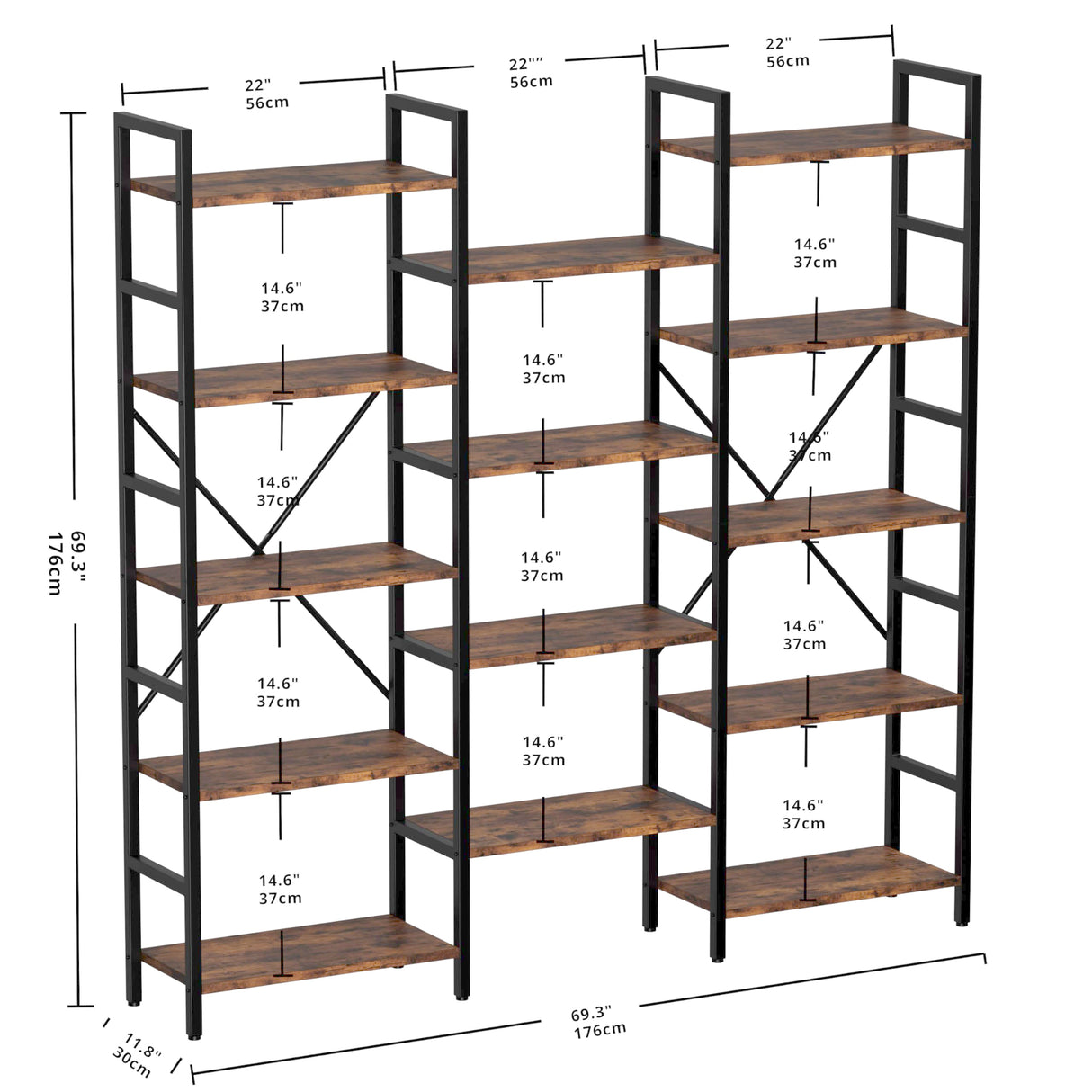 IRONCK Bookcases and Bookshelves Triple Wide 5 Tiers Industrial Bookshelf, Large Etagere Bookshelf Open Display Shelves with Metal Frame for Living Room Bedroom Home Office IRONCK