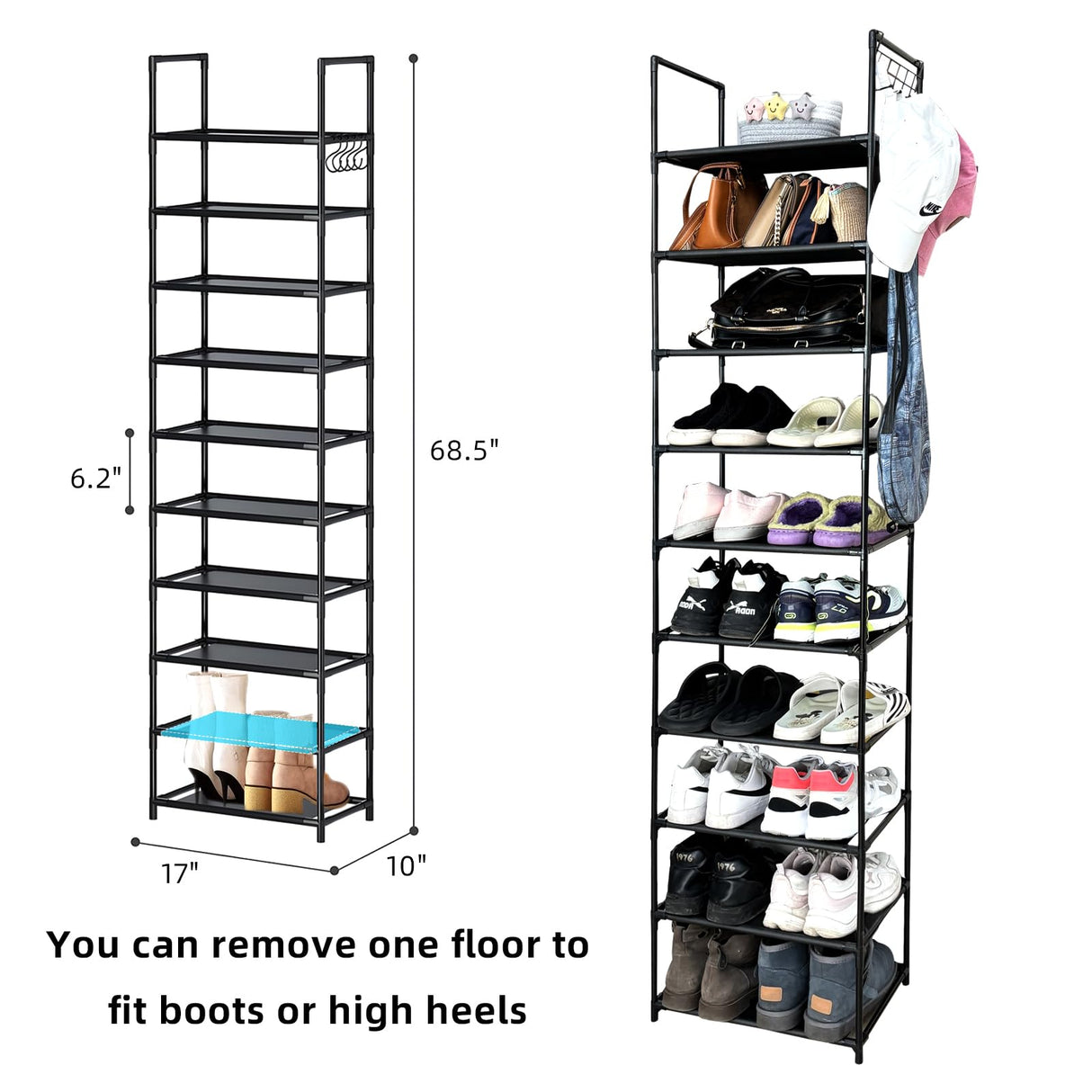 Cuandte 10 Tier Shoe Rack, Tall Narrow Shoe Rack for 20-25 Pairs of Shoes, Removable Stackable Metal Shoe Storage Rack, Non-Woven Fabric Shelves, Easy to Assemble, for Closet Entryway Bedroom Cuandte