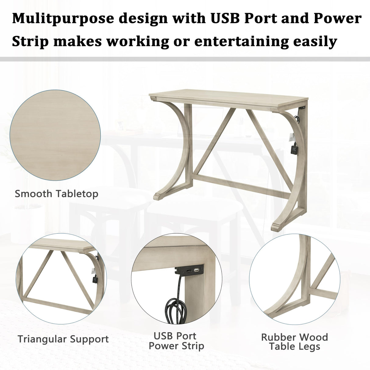 RuiSiSi Bar Table and Chairs Set, Farmhouse Counter Height Kitchen Table Set with USB Port and 2 Upholstered Stools, Wood Bar Table Set for Dining Room, Living Room, Apartment, Milky White RuiSiSi