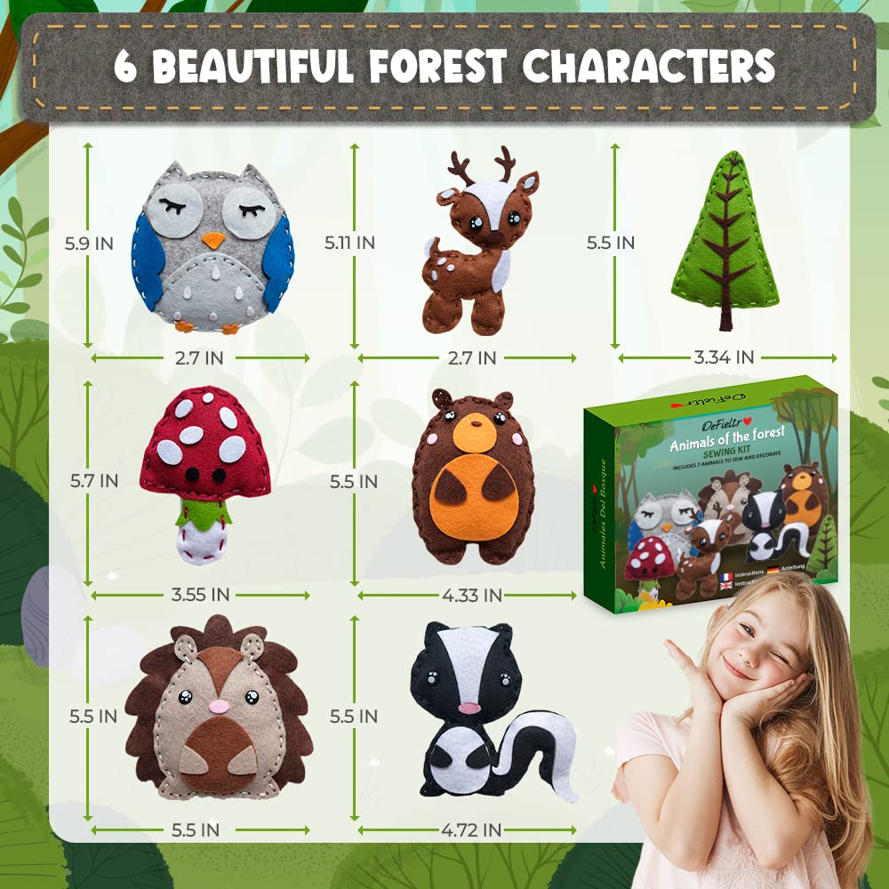 DeFieltro Sewing Kit for Kids Forest Animals Creative & EDUCACIONAL - Beautiful Complete Sewing Craft Kit with Easy-Perforation Felt for Kids - Beginners Sewing Kit for Hours of Fun Ages 8-12 DeFieltro