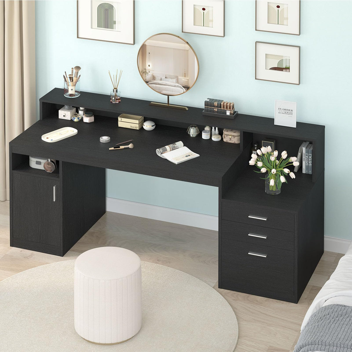 YOMILUVE Computer Desk with 3 Drawer & Storage Shelves, Home Office Desk with File Drawer & Cabinet, Writing Study Table with Long Monitor Stand & Printer Shelf, Executive Desk, Black YOMILUVE