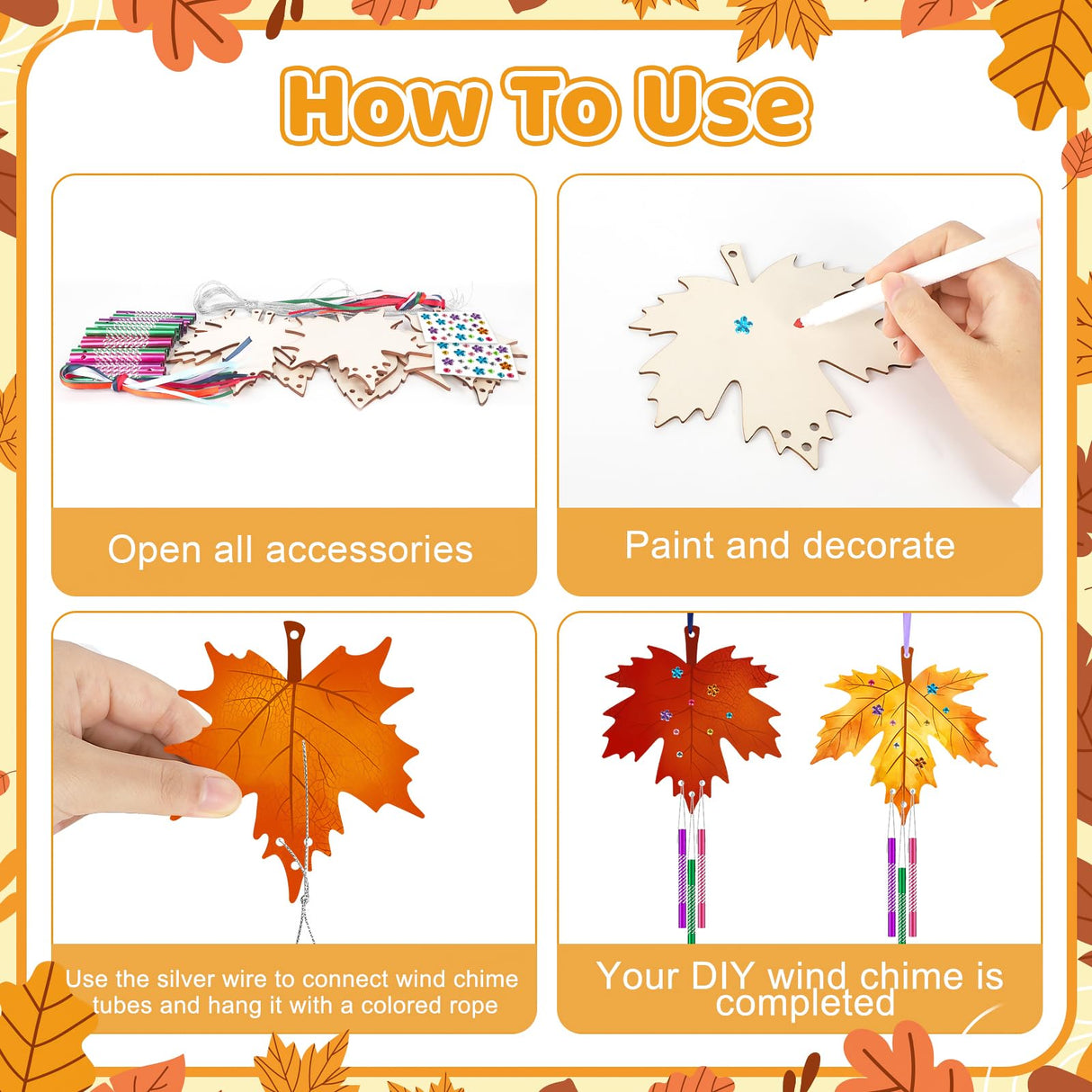 Wooden Fall Wind Chime Kit for Kids Make Your Own Maple Leaf DIY Wind Chime Kit Coloring Fall Craft for Kids Hanging Ornaments Thanksgiving Autumn Halloween Party Craft 9 Pack Sealmic