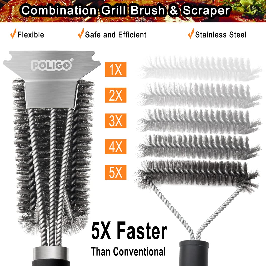 POLIGO Safe Grill Brush and Scraper with Deluxe Handle - 18" Grill Cleaner Brush Stainless Steel Bristle Grill Brush for Outdoor Grill Wizard Grate - BBQ Brush for Grill Cleaning Ideal Grilling Gifts POLIGO