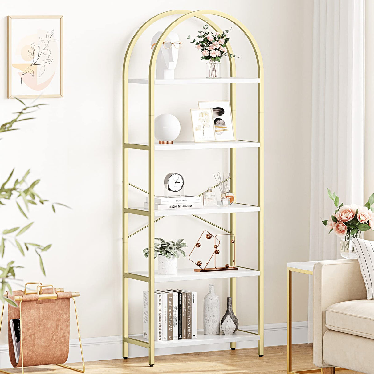 IDEALHOUSE Bookshelf 5 Tier Bookcase Arched Display Racks Tall Standing Bookshelves Metal Frame Modern Storage Rack Shelf Large Wood Book Shelf for Bedroom, Living Room, Home Office, White/Gold IDEALHOUSE