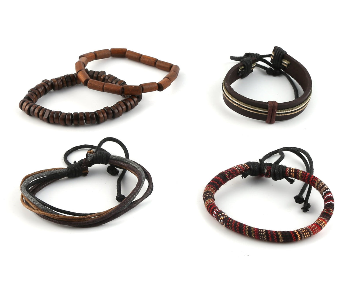 HZMAN Mix 5 Wrap Bracelets Men Women, Hemp Cords Wood Beads Ethnic Tribal Bracelets, Leather Wristbands HZMAN