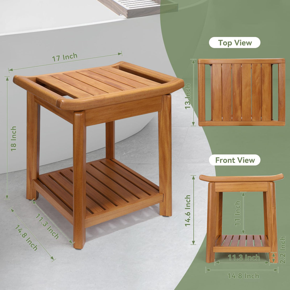 17" Teak Shower Chair with Storage Shelf & Handle, Non-Slip Waterproof Wooden Shower Bench, Stable Bathroom Seat and Heavy Duty Shower Stool for Tub or Indoor Use, Ideal for Elderly, Recovery ACTESE
