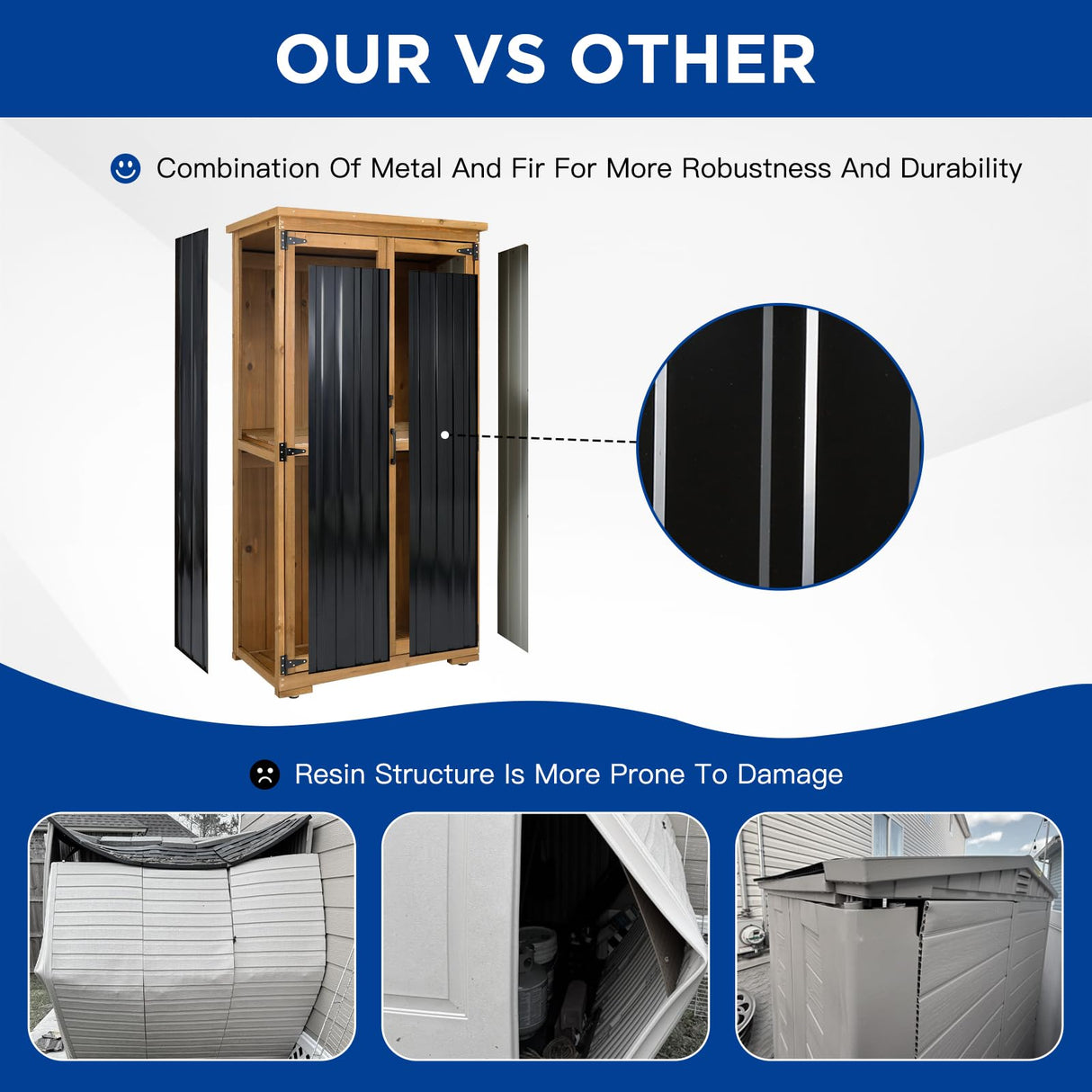 Outdoor Storage Cabinet Wood & Metal with Waterproof Roof, Garden Tool Shed with 3 Removable Shelves, 4 adjustable reinforced feet with metal brackets, 6 T-Hinge, magnetic door,15.6"D x 32.3"W x 66"H Gowoodhut