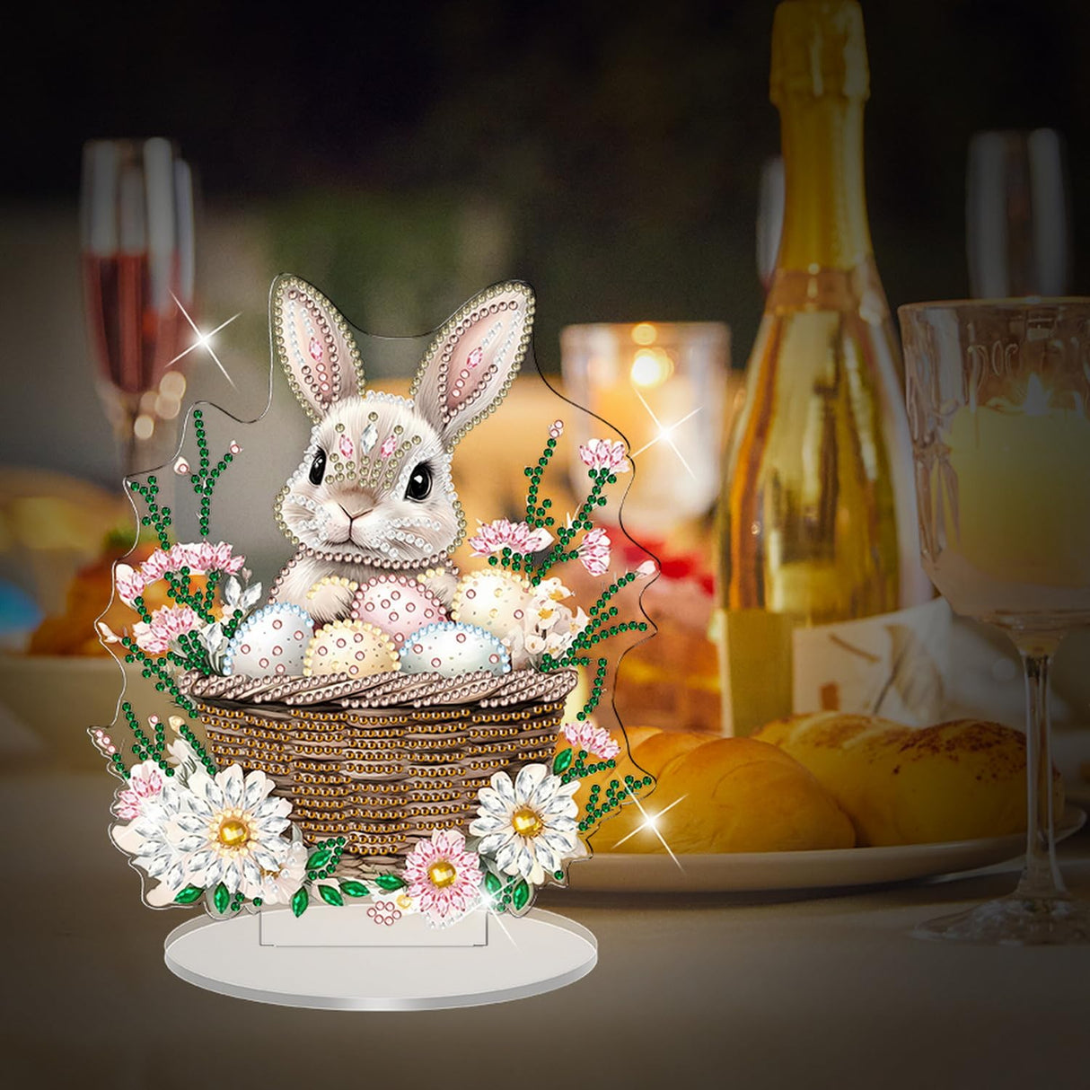 1 Pcs DIY Easter Egg Bunny Tabletop Diamond Art Painting Kits Double Sided Acrylic Diamond Painting Tabletop Flower Easter Table Top Ornament Kits for Spring Holiday Themed Party Decor Accessories NSSHEL