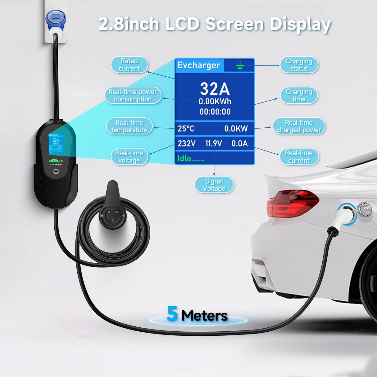 AFYEEV 7.2kW 5M Type 2 Charging Cable, 6/8/10/13/16/20/24/32A Adjustable Current, Charging Cable Type 2, Charging Cable Electric Car Type 2, Charging Cable Type 2, EV Charger with Bag AFYEEV