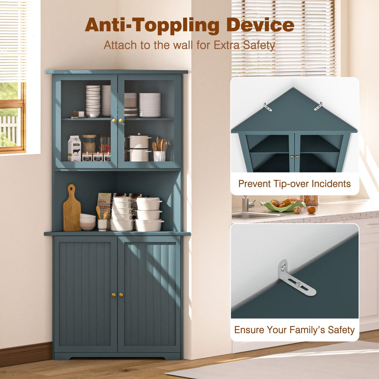 MUPATER Tall Corner Cabinet with Doors and Shelves, 71'' Free Standing Corner Hutch Cabinet Storage for Living Room, Bathroom, Kitchen with Countertop, White MUPATER