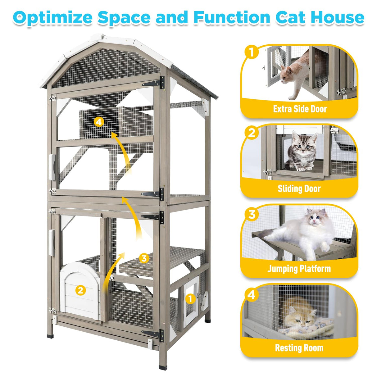 Gowoodhut 71'' Large Cat House Outdoor Catio Enclosures Indoor Kitten Cages with Attachable Window Resting Box,Waterproof Roof Gowoodhut