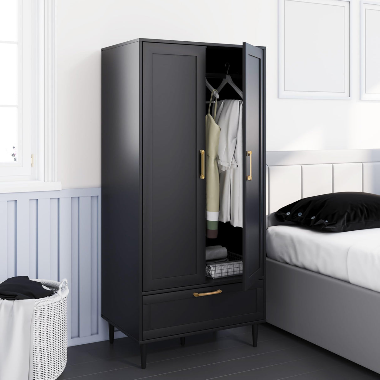 ALBSL Bedroom Armoire Wardrobe Closet with Hanging Rod,60" 2 Door Almirah for Clothes with Drawers,Morden Storage Cabinet,Black ALBSL