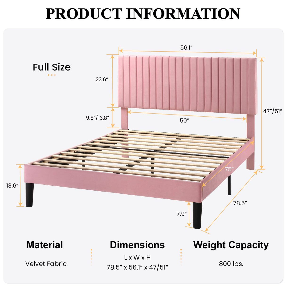 SHA CERLIN Full Upholstered Platform Bed Frame with Adjustable Headboard/Vertical Channel Tufted Velvet Fabric/Wooden Slats Support/Mattress Foundation/Box Spring Optional/Pink SHA CERLIN