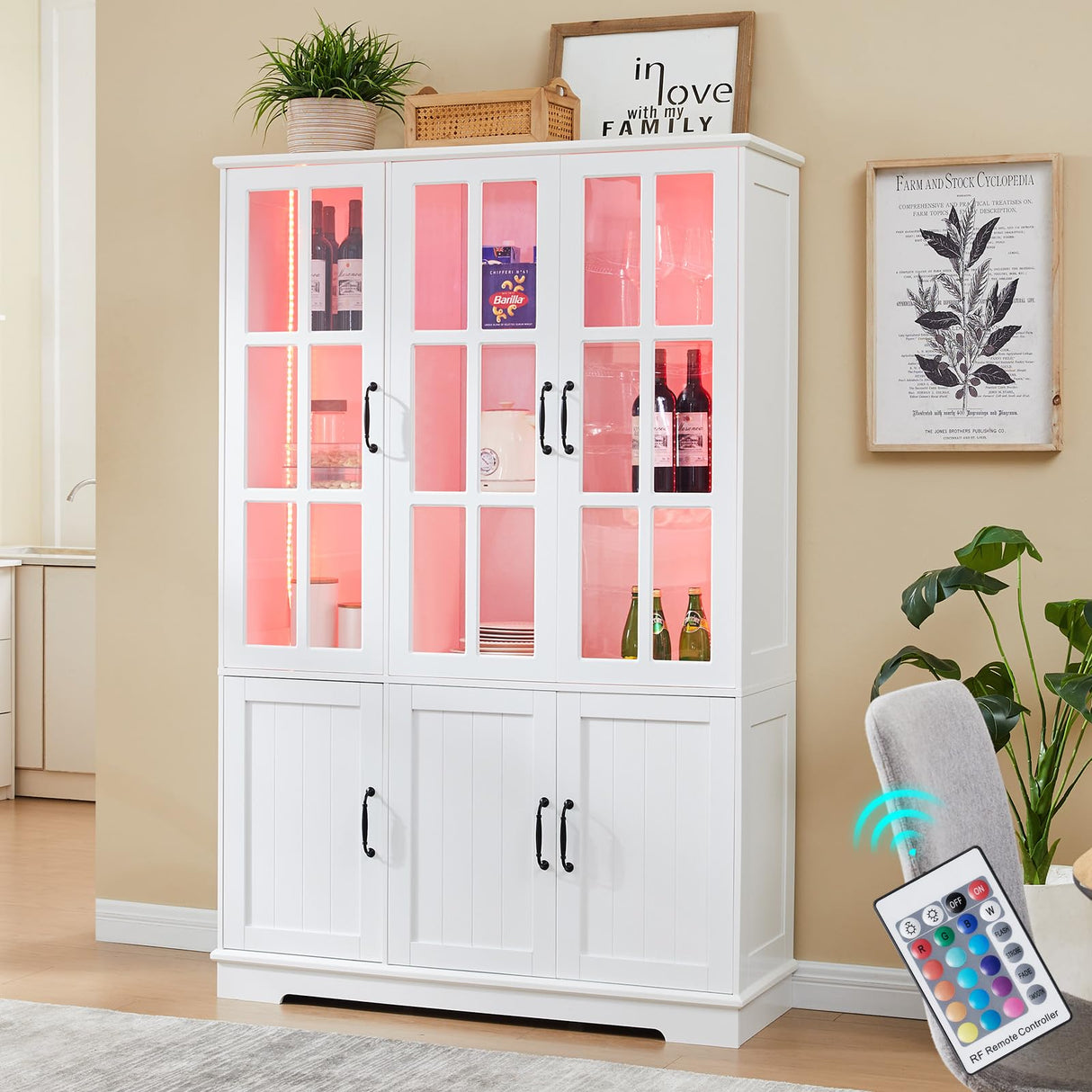 LUXOAK 71" Tall Bookshelf with Doors, LED Display Cabinet with 5-Tier Storage Shelves, White Bookcase for Study/Home Office/Living Room, 6-Door LUXOAK