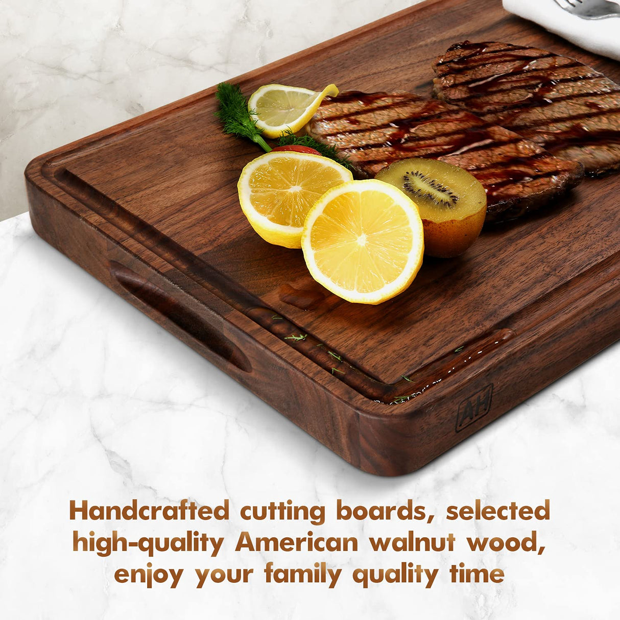 AZRHOM Large Walnut Wood Cutting Board for Kitchen 17x11 (Gift Box) with Juice Groove Handles Non-slip Mats Thick Reversible Butcher Block Chopping AZRHOM