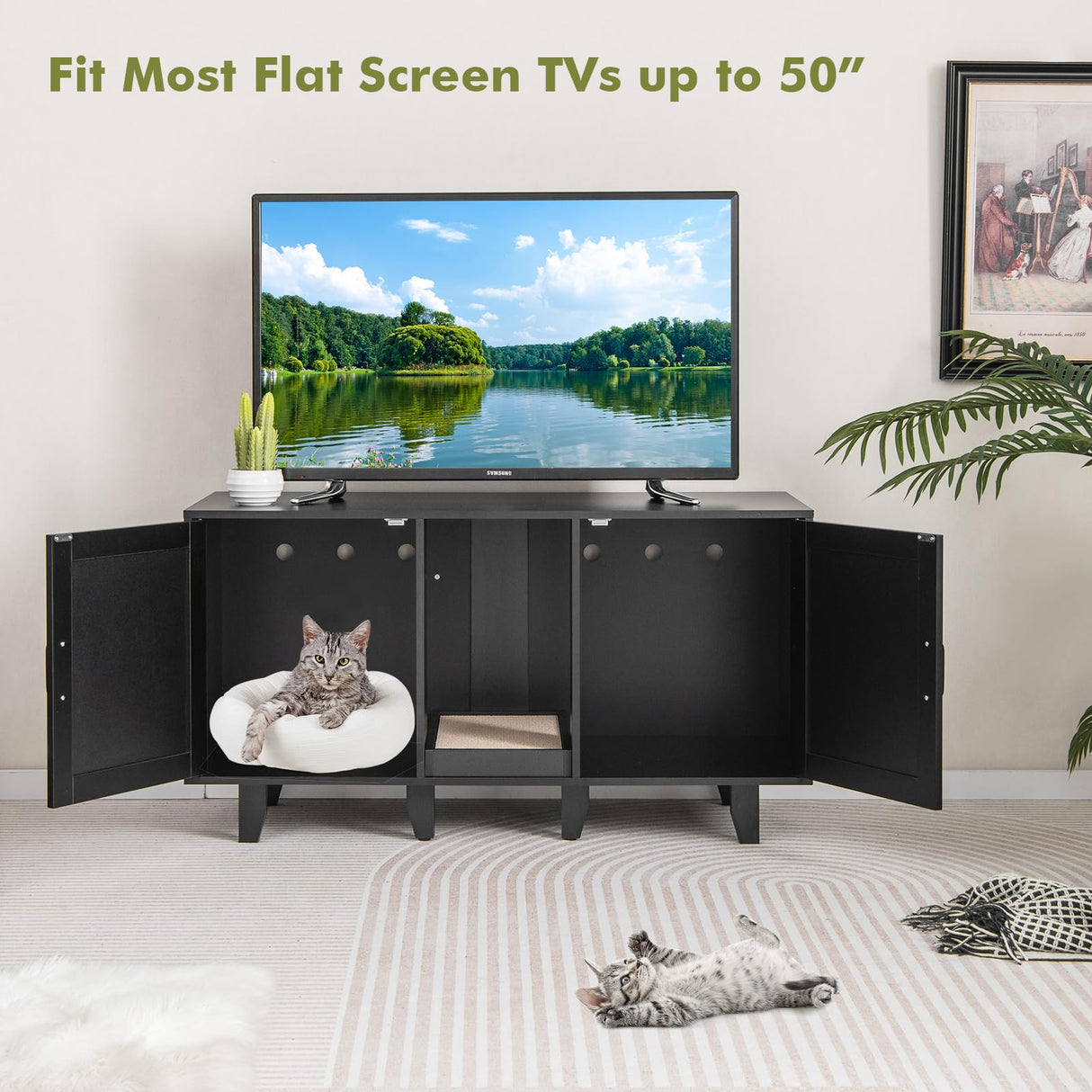 Tangkula Double Cat Litter Box Enclosure for 2 Cats, Large Stackable Hidden Privacy Cat Washroom Cabinet with Scratching Board, Indoor Cat House TV Stand Side Table, Litter Box Furniture (Black) Tangkula