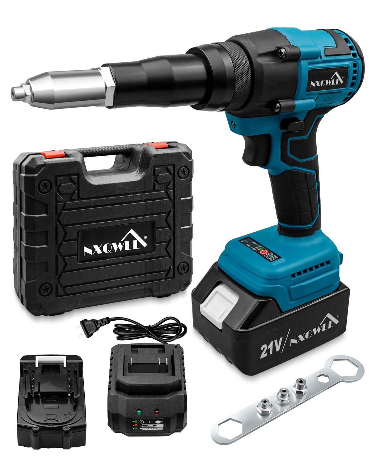 NXQWLL Cordless Rivet Gun, Electric Brushless Blind Rivet Tool Kit with Charger and 2 Batteries, Portable Electric Rivet Gun Kit for 1/8", 5/32", 3/16" Rivets NXQWLL