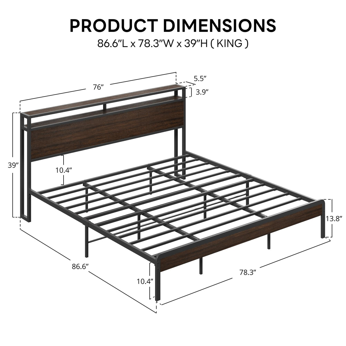 LIKIMIO King Bed Frame with Headboard, Dark Wood Camas King with Strong Supports, Sturdy, Noise-Free, No Box Spring Needed, Dark Brown LIKIMIO