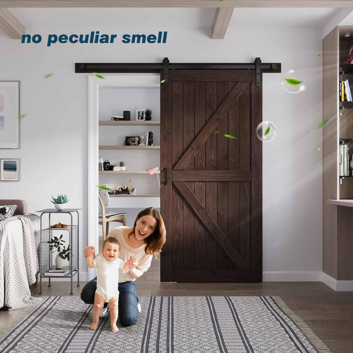 FREDBECK 42in x 84in Brown Barn Door with 7ft (84inch) Barn Door Hardware Track Kit and Handle Included, Double Surfaces,Simple Assembly is Required,K-Frame,Coffee FREDBECK